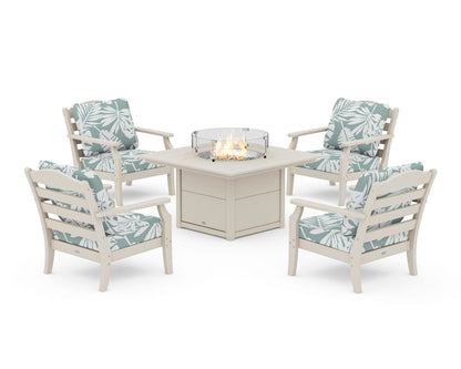 Draper James™ by  POLYWOOD® Savannah 5-Piece Deep Seating Set with Fire Pit Table in Sand / Leaf Glacier Spa