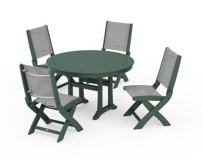 POLYWOOD® Coastal Folding Side Chair 5-Piece Round Dining Set With Trestle Legs in Green / Metallic Sling