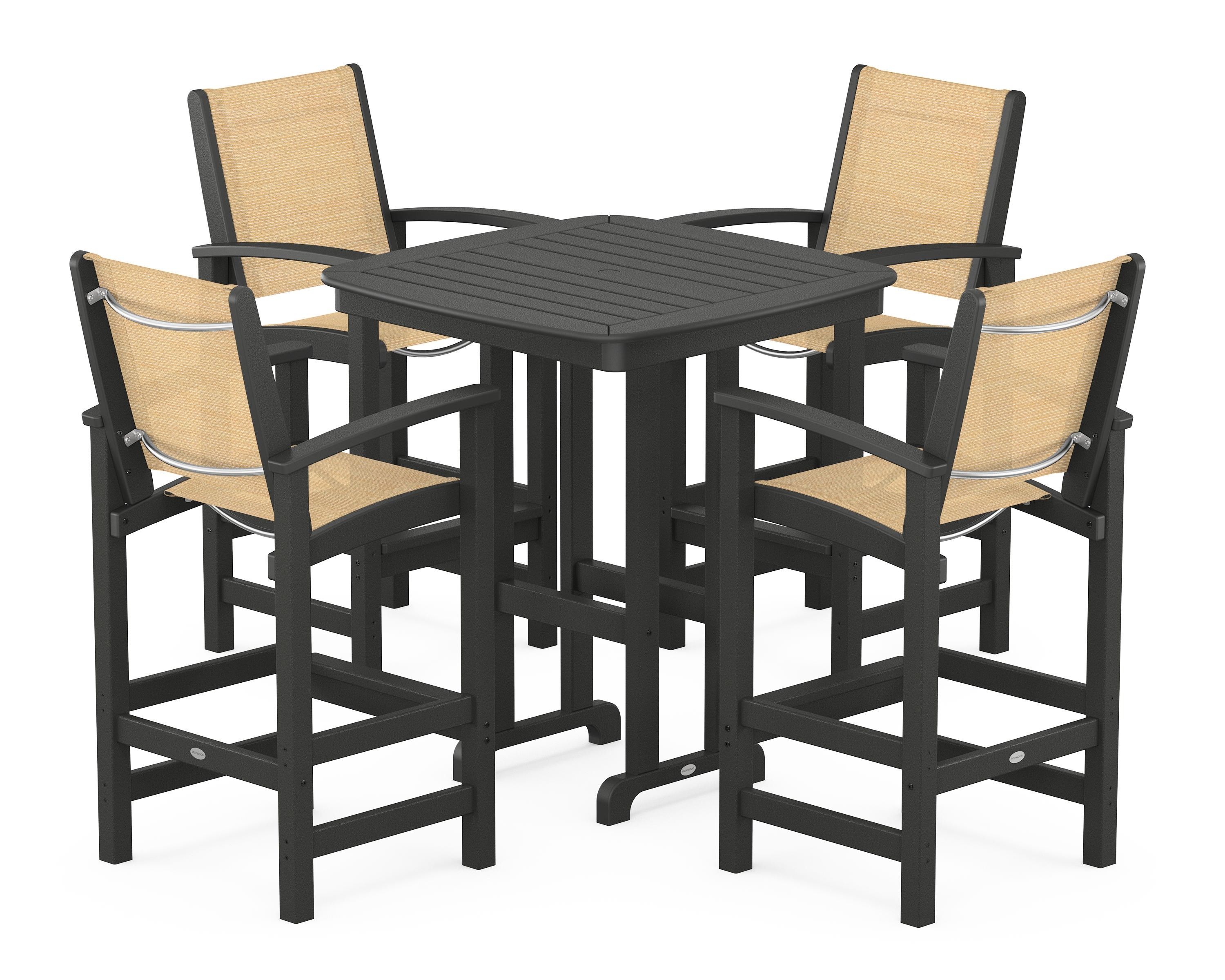 POLYWOOD® Coastal 5-Piece Bar Set in Black / Dupioni Apricot Sling