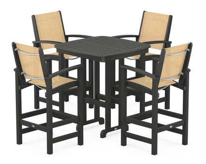 POLYWOOD® Coastal 5-Piece Bar Set in Black / Dupioni Apricot Sling