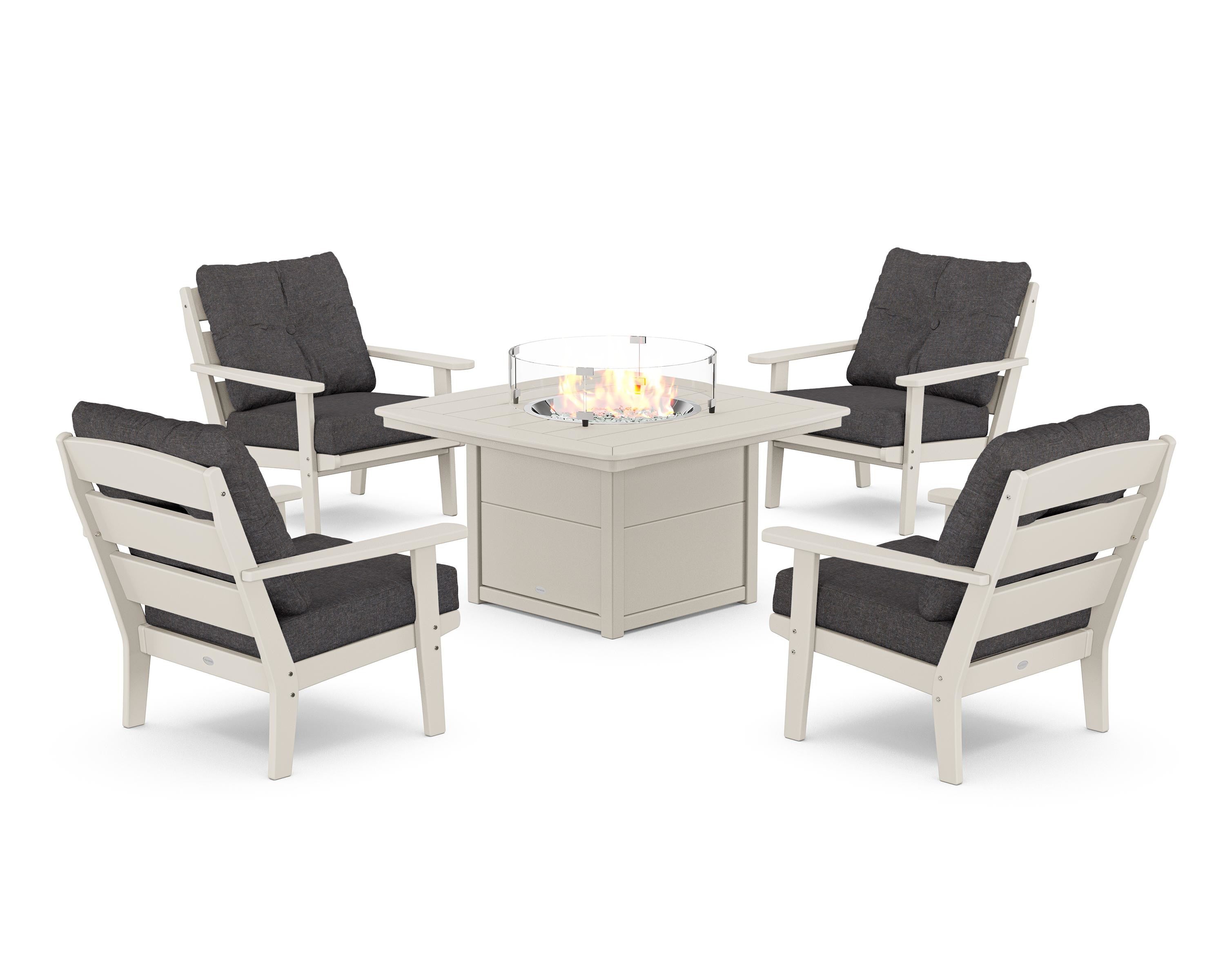 POLYWOOD® Lakeside 5-Piece Deep Seating Set with Nautical Fire Pit Table in Sand / Ash Charcoal