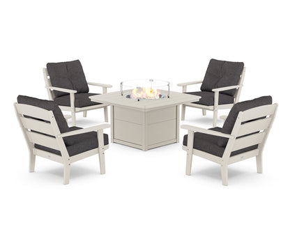 POLYWOOD® Lakeside 5-Piece Deep Seating Set with Nautical Fire Pit Table in Sand / Ash Charcoal
