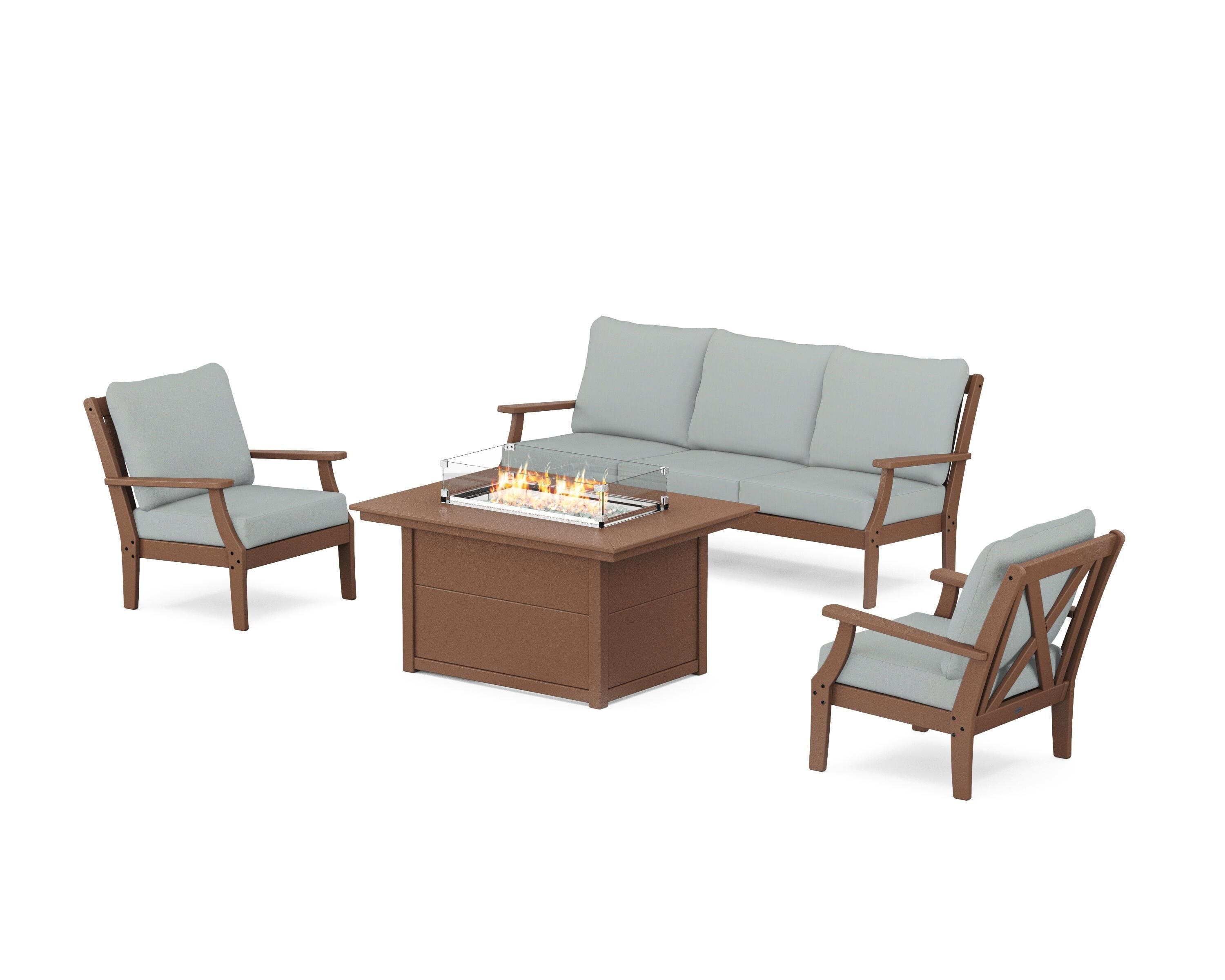 POLYWOOD® Braxton Deep Seating Fire Pit Table Set in Teak / Spa
