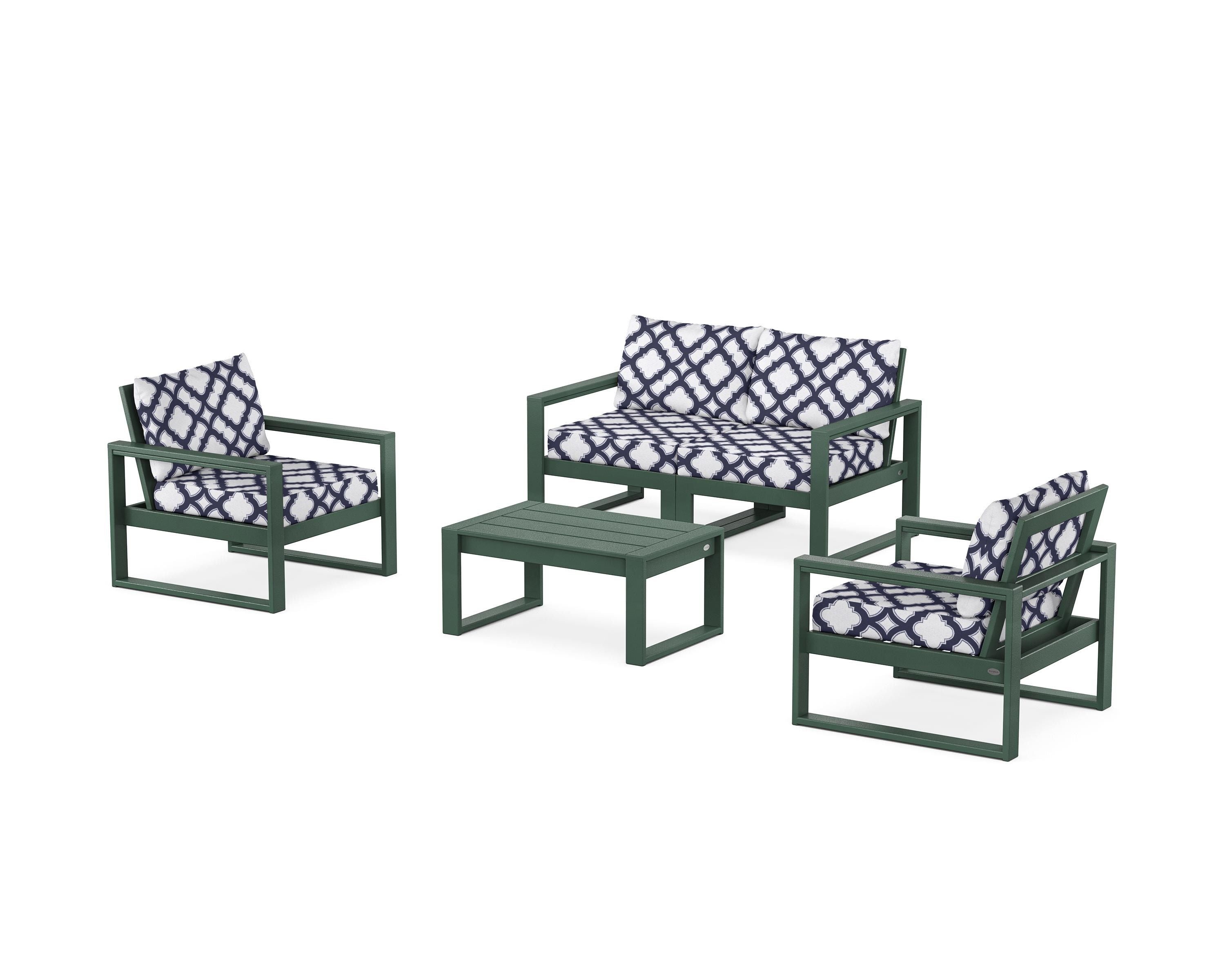 POLYWOOD® EDGE Sectional 4-Piece Deep Seating Set with Loveseat in Green / Trellis Navy