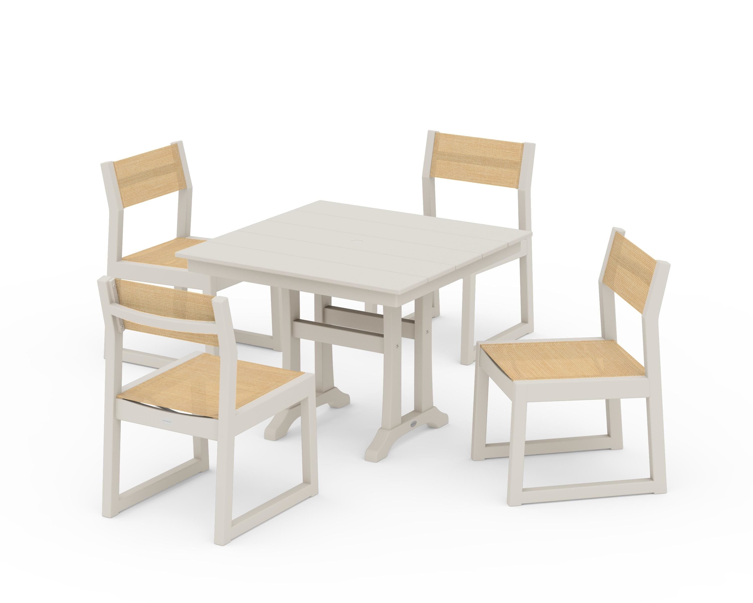POLYWOOD® EDGE Sling 5-Piece Farmhouse Trestle Side Chair Dining Set in Sand / Dupioni Apricot Sling