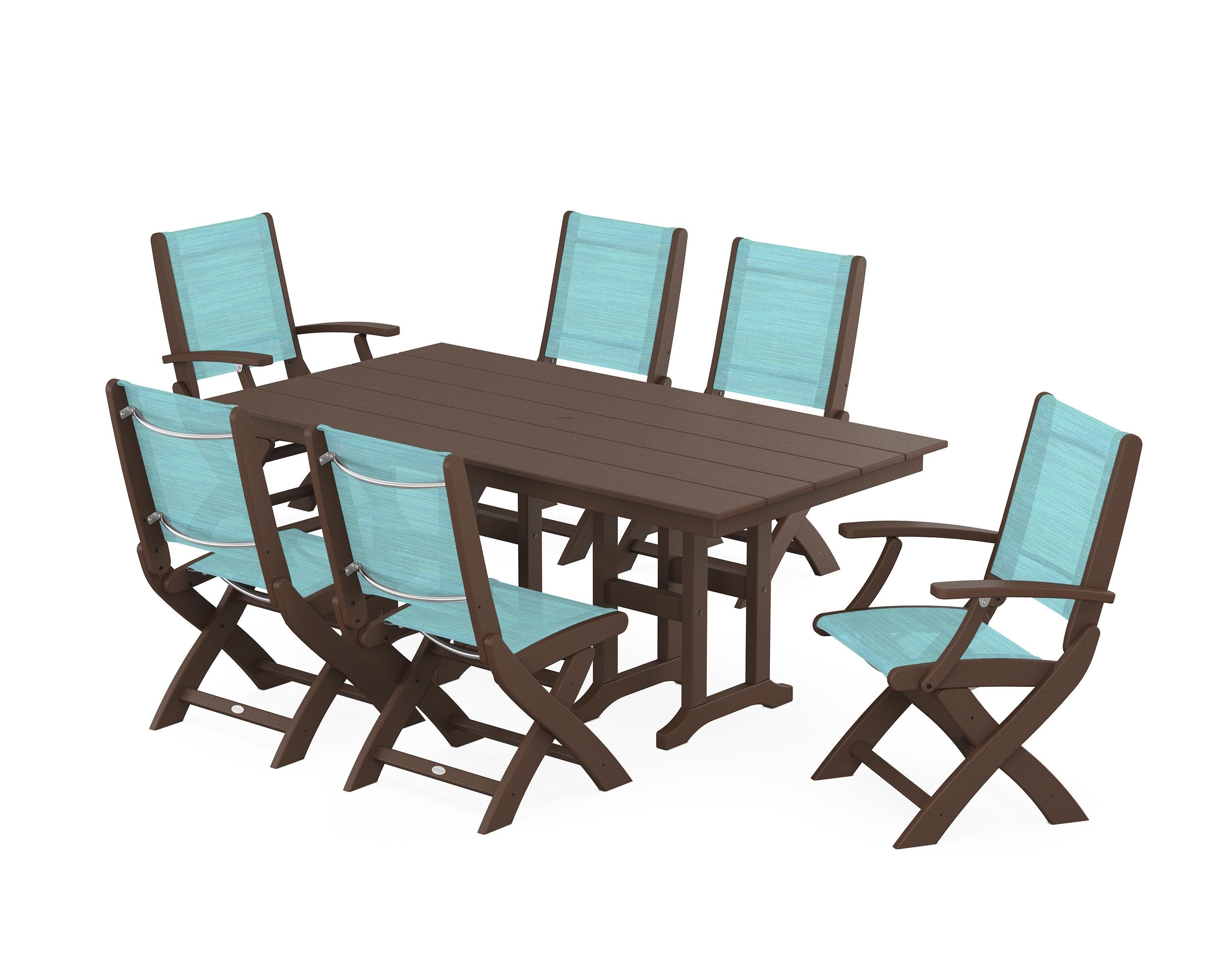 POLYWOOD® Coastal Folding Chair 7-Piece Farmhouse Dining Set in Mahogany / Dupioni Aquamarine Sling