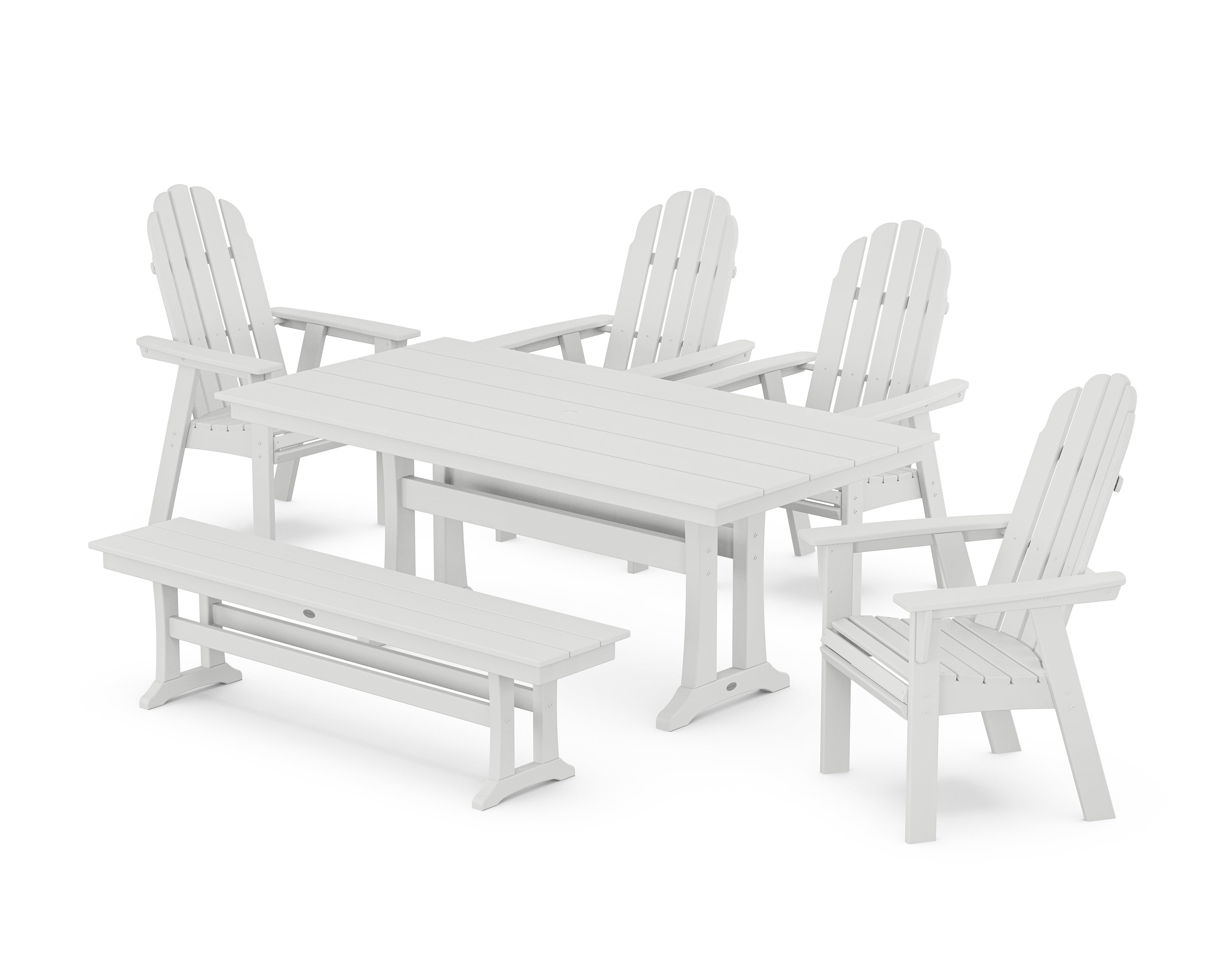 POLYWOOD® Vineyard Curveback Adirondack Chair 6-Piece Farmhouse Dining Set with Trestle Legs and Bench in White