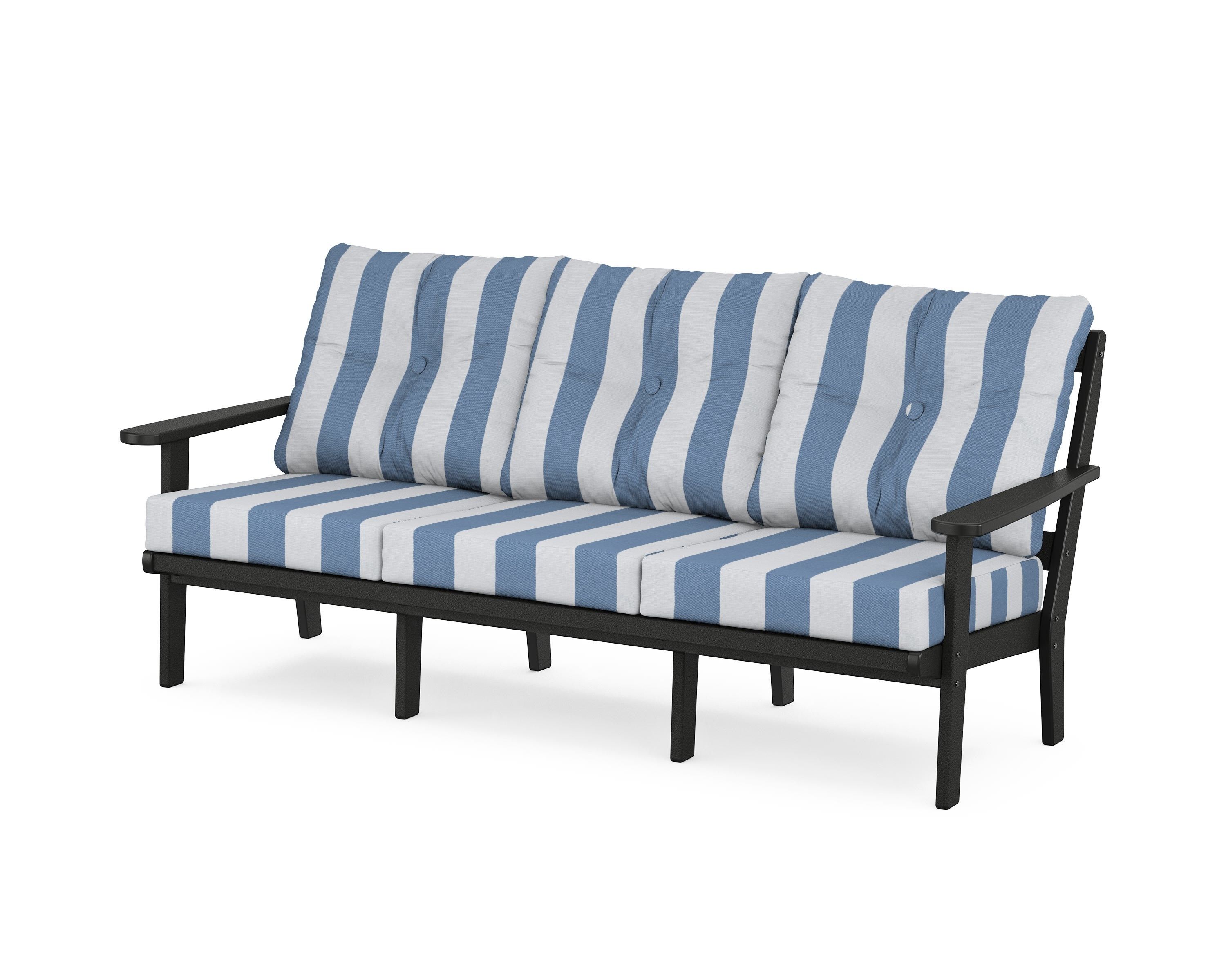 POLYWOOD® Mission Deep Seating Sofa in Black / Cabana Stripe Sky Blue