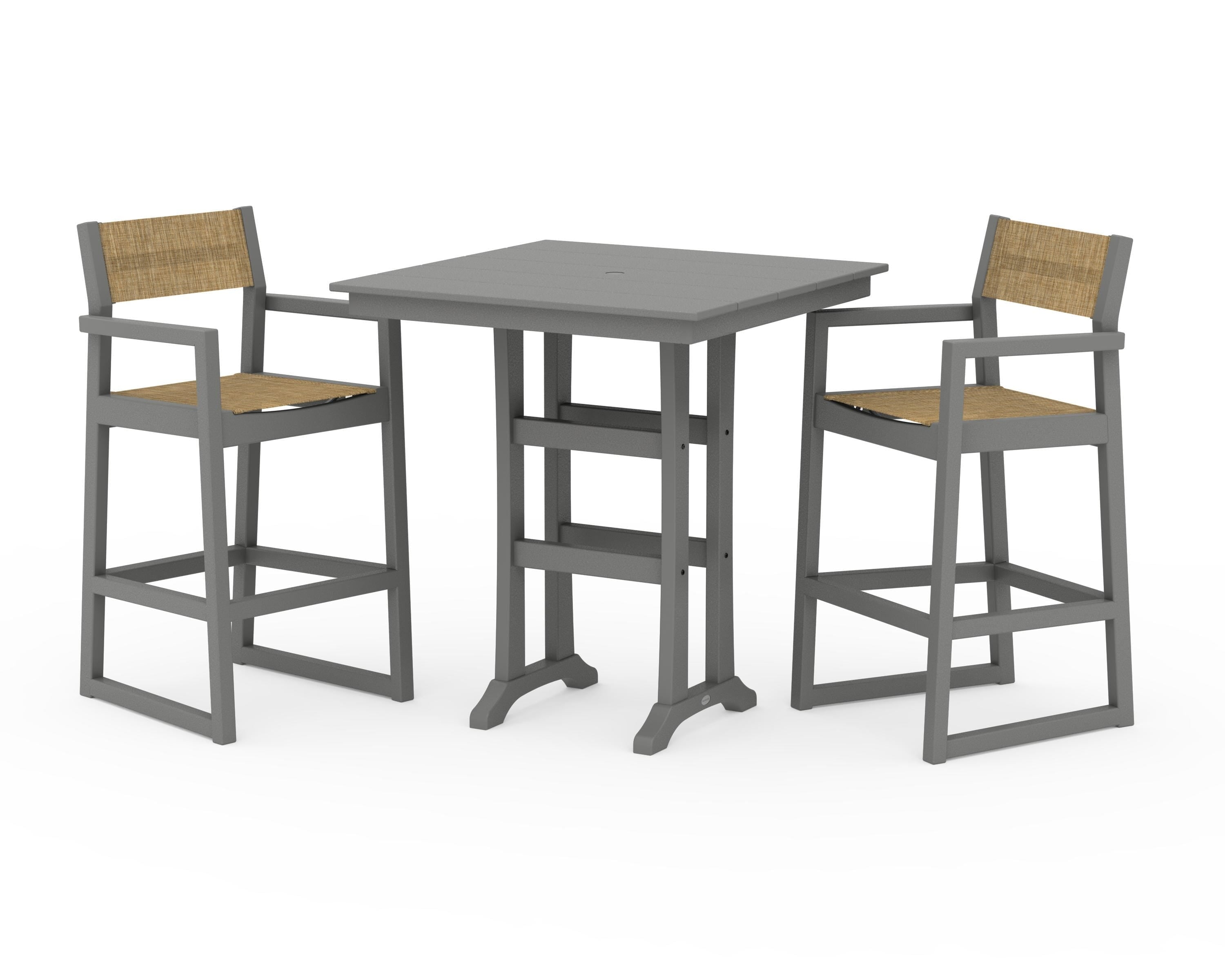 POLYWOOD® EDGE Sling Arm Chair 3-Piece Farmhouse Bar Set with Trestle Legs in Slate Grey / Burlap Sling