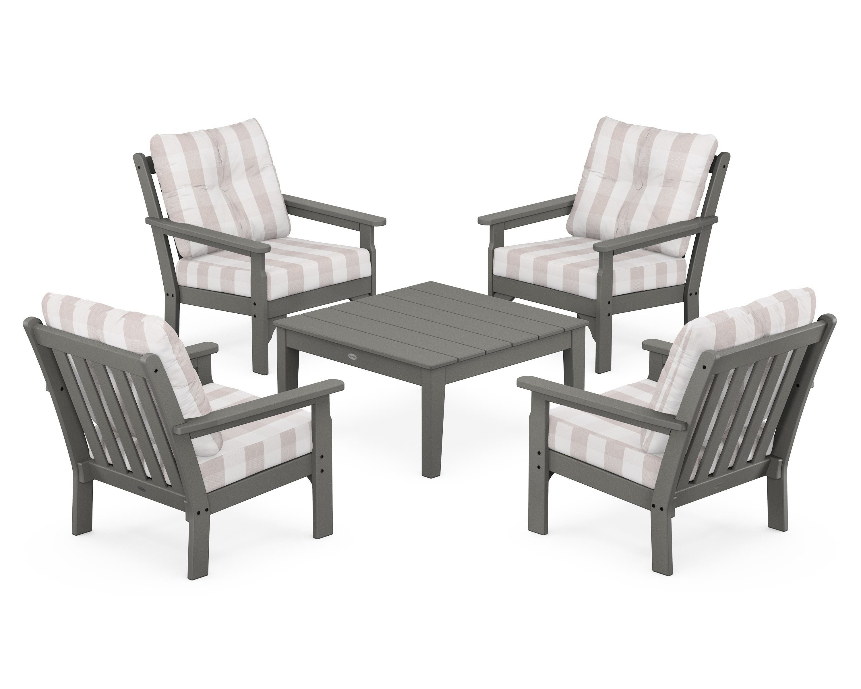 POLYWOOD® Vineyard 5-Piece Deep Seating Conversation Set in Slate Grey / Buffalo Plaid Dune Burlap