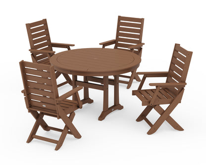 POLYWOOD® Captain Folding Chair 5-Piece Round Dining Set with Trestle Legs in Teak