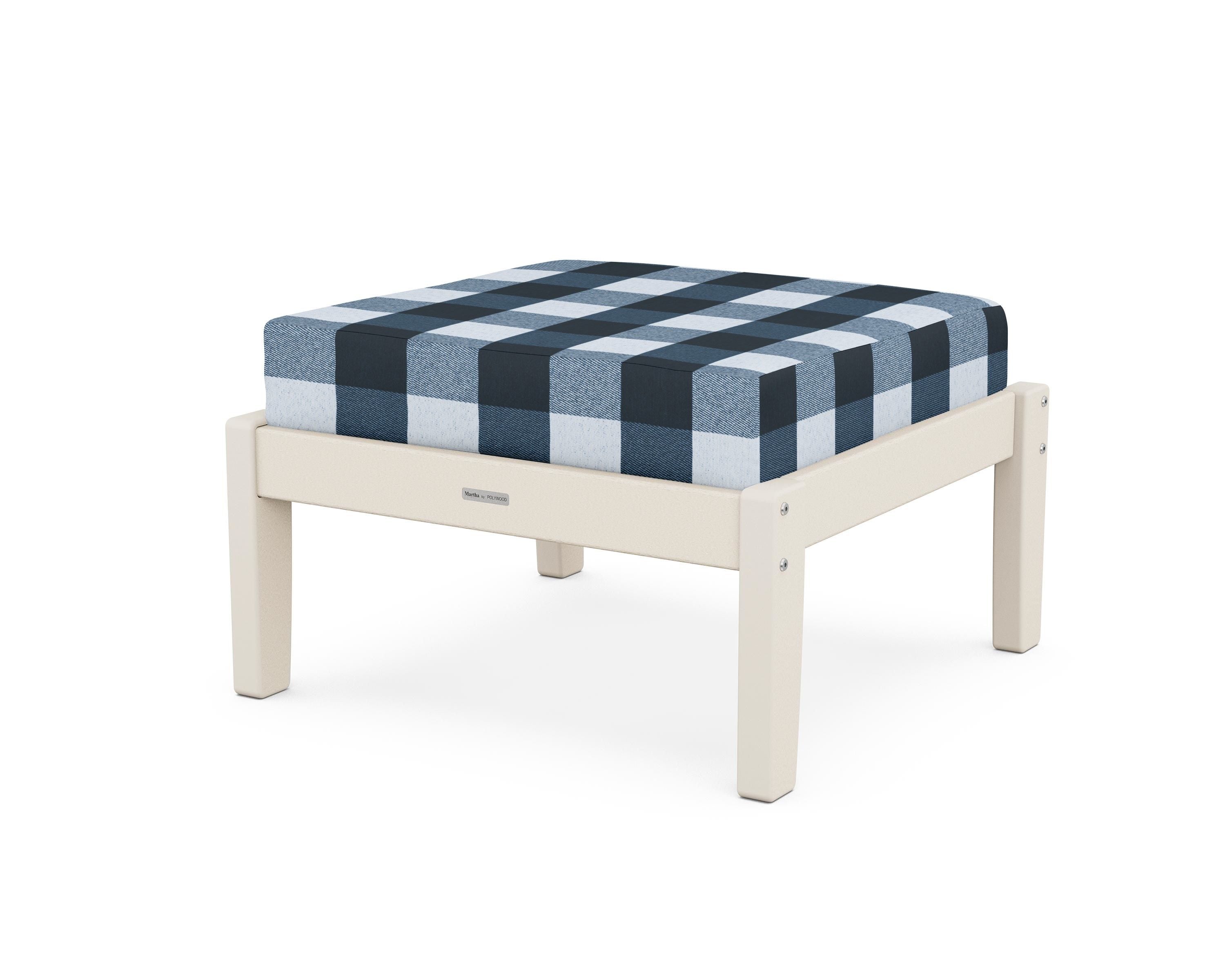 Martha Stewart by POLYWOOD® Chinoiserie Deep Seating Ottoman in Sand / Buffalo Plaid Marine Indigo