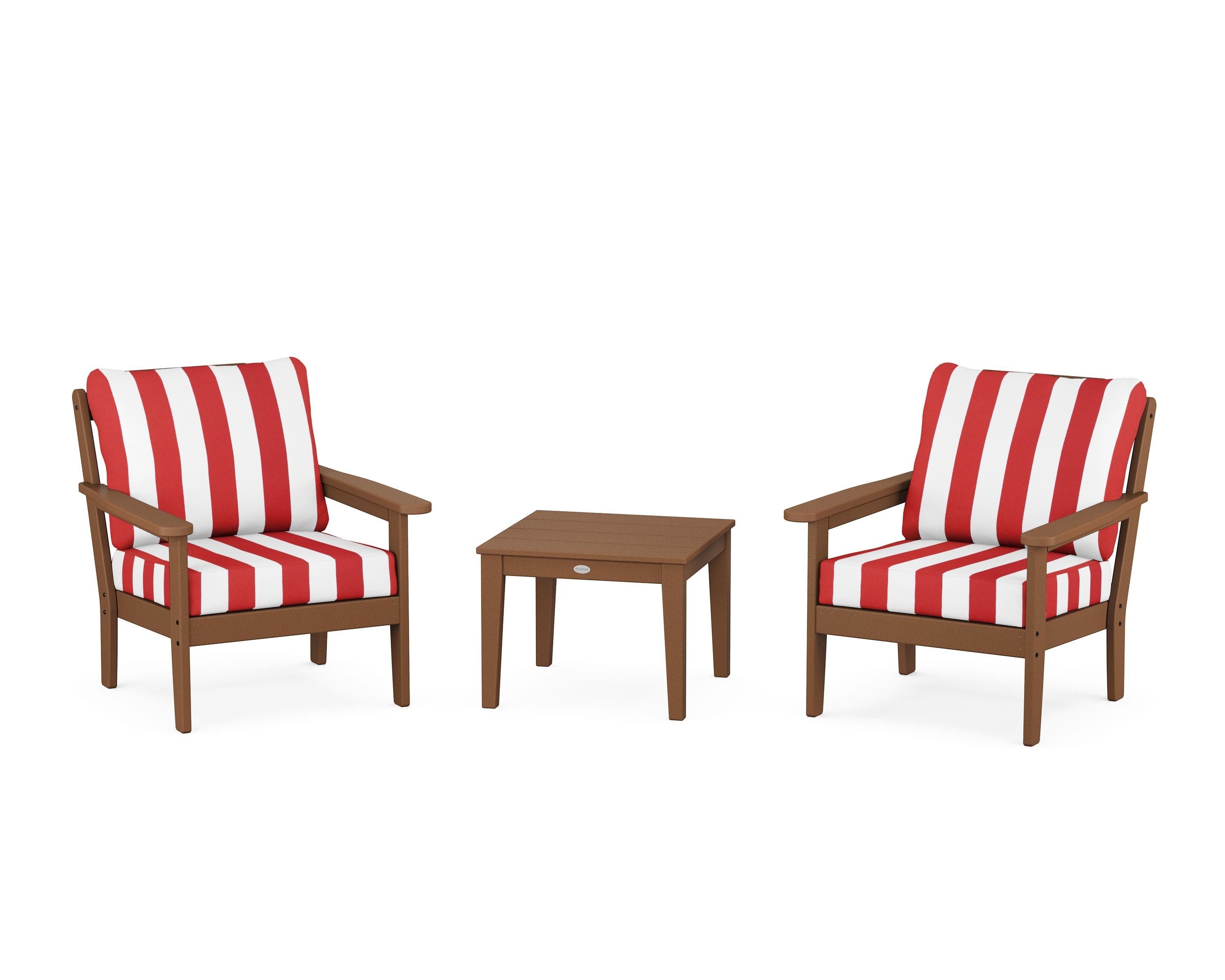 Country Living Cottage 3-Piece Deep Seating Set in Teak / Cabana Stripe Crimson