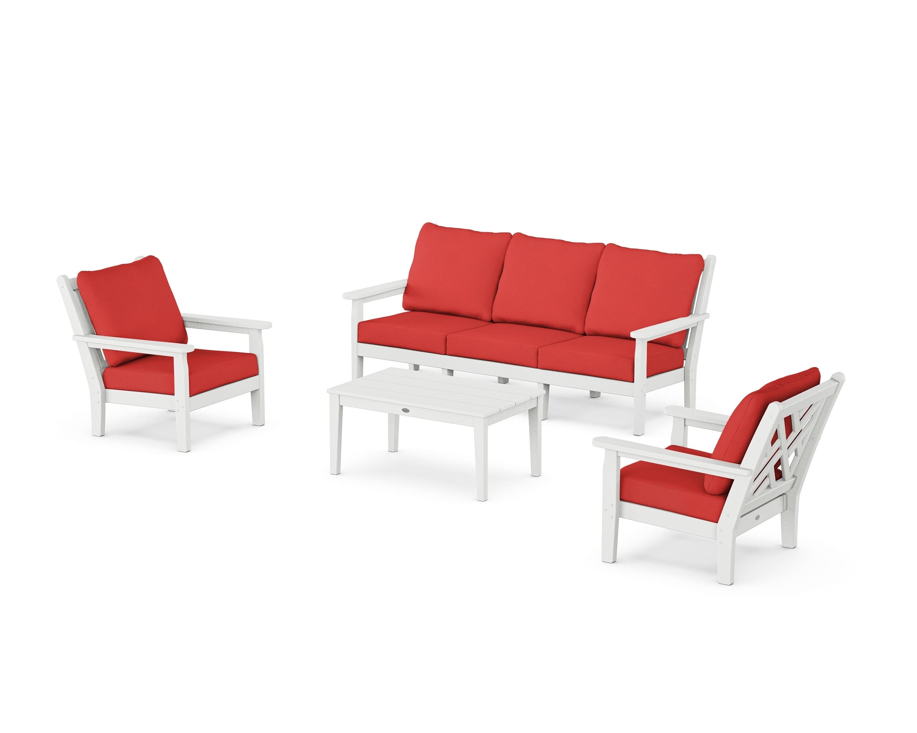 POLYWOOD® Chippendale 4-Piece Deep Seating Set with Sofa in White / Crimson Linen