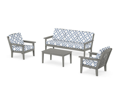 Country Living Cottage 4-Piece Deep Seating Set with Sofa in Slate Grey / Trellis Sky Blue