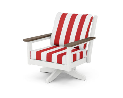 POLYWOOD® Chippendale Deep Seating Swivel Chair in White / Kona / Cabana Stripe Crimson