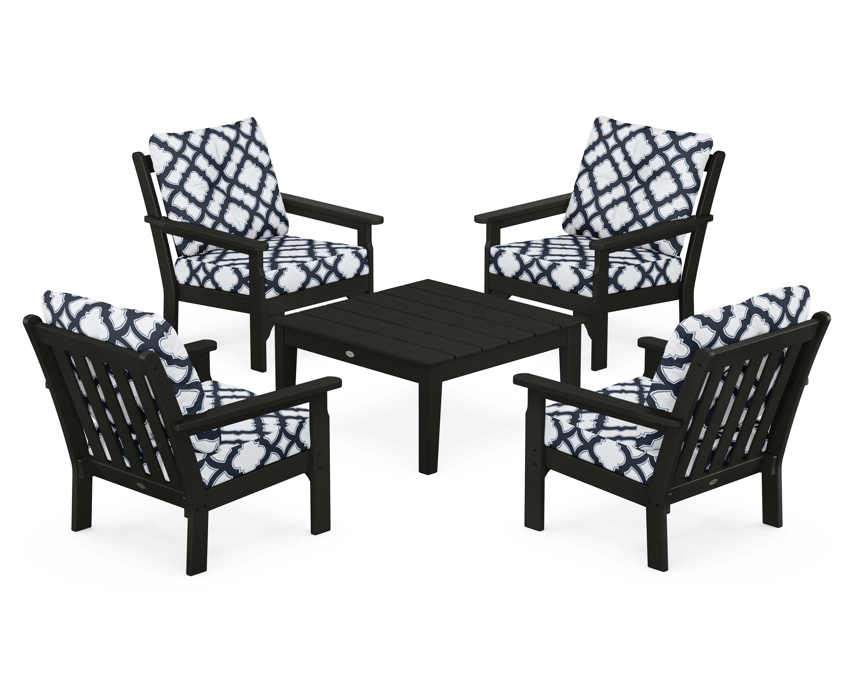 POLYWOOD® Vineyard 5-Piece Deep Seating Conversation Set in Black / Trellis Marine Indigo