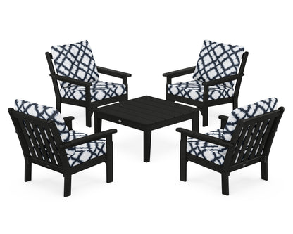 POLYWOOD® Vineyard 5-Piece Deep Seating Conversation Set in Black / Trellis Marine Indigo