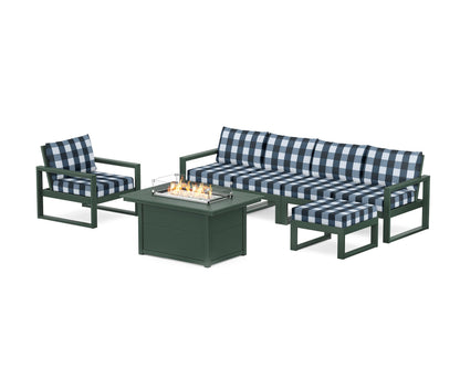 POLYWOOD® EDGE Sectional Lounge and Fire Pit Set in Green / Buffalo Plaid Marine Indigo