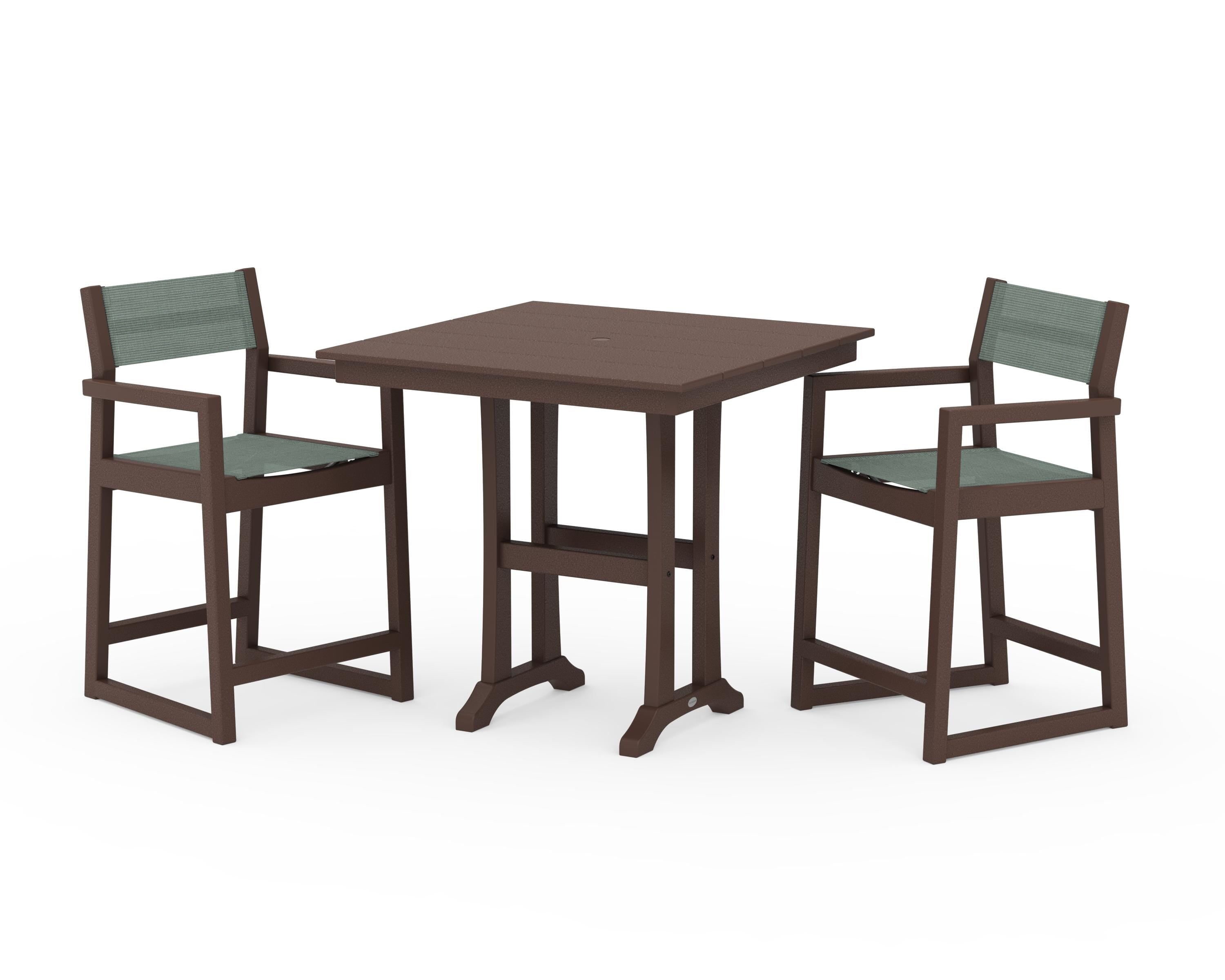 POLYWOOD® EDGE Sling Arm Chair 3-Piece Farmhouse Counter Set with Trestle Legs in Mahogany / Dupioni Sea Mist Sling