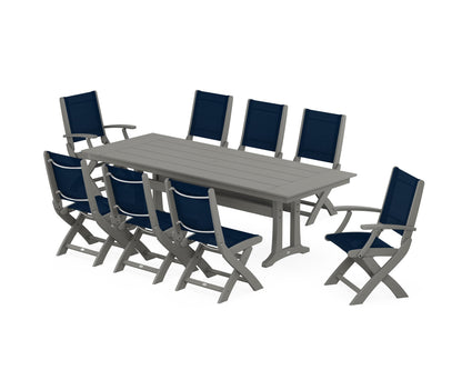 POLYWOOD® Coastal 9-Piece Folding Dining Chair Farmhouse Dining Set with Trestle Legs in Slate Grey / Navy Blue Sling