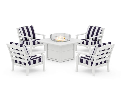 Draper James™ by  POLYWOOD® Savannah 5-Piece Deep Seating Set with Fire Pit Table in White / Cabana Stripe Navy
