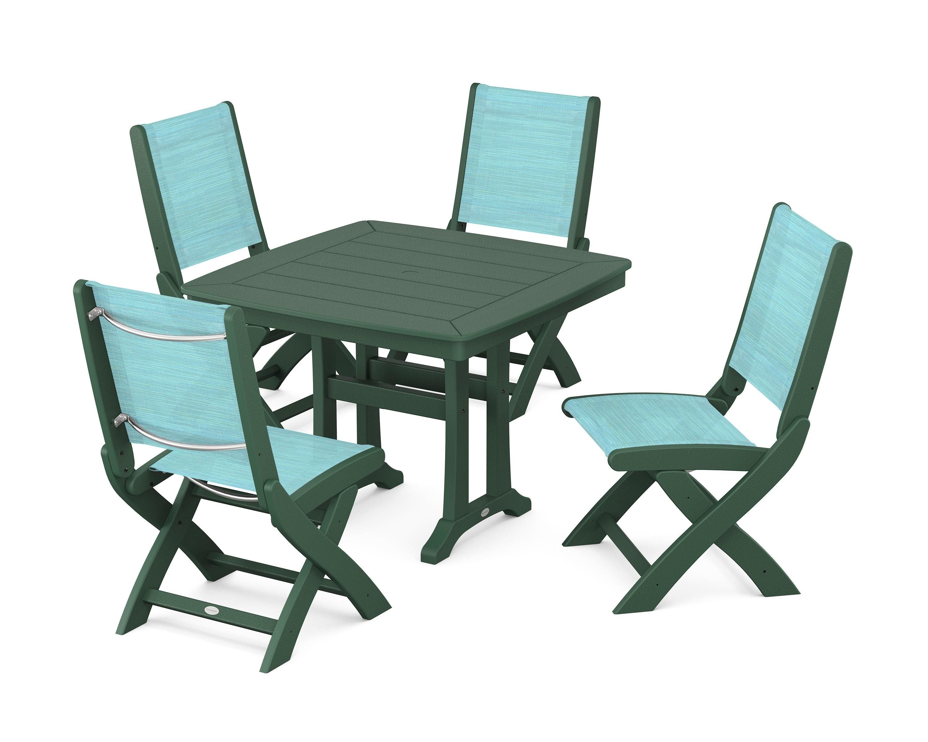 POLYWOOD® Coastal Folding Side Chair 5-Piece Dining Set with Trestle Legs in Green / Dupioni Aquamarine Sling