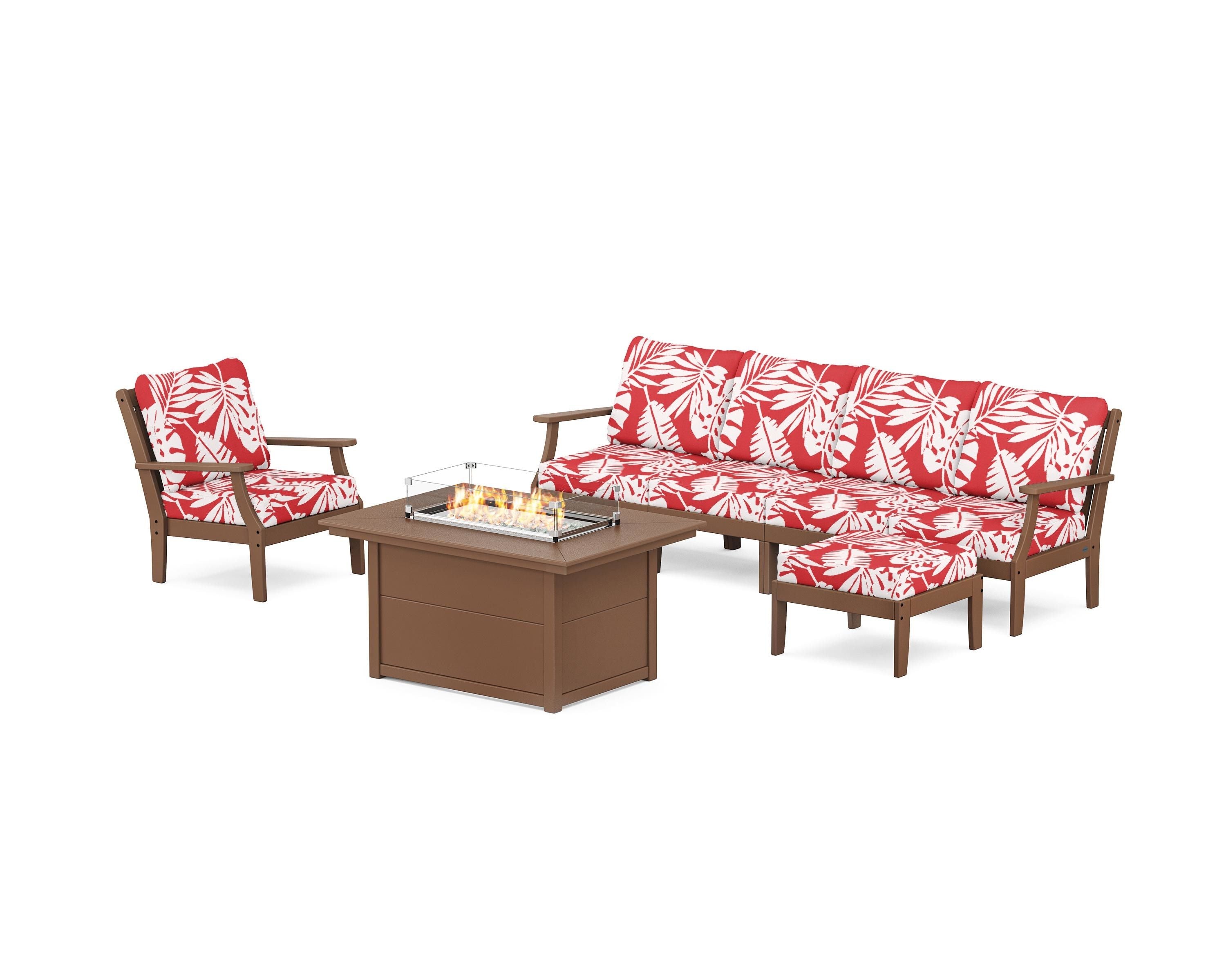 POLYWOOD® Braxton Sectional Lounge and Fire Pit Set in Teak / Leaf Crimson