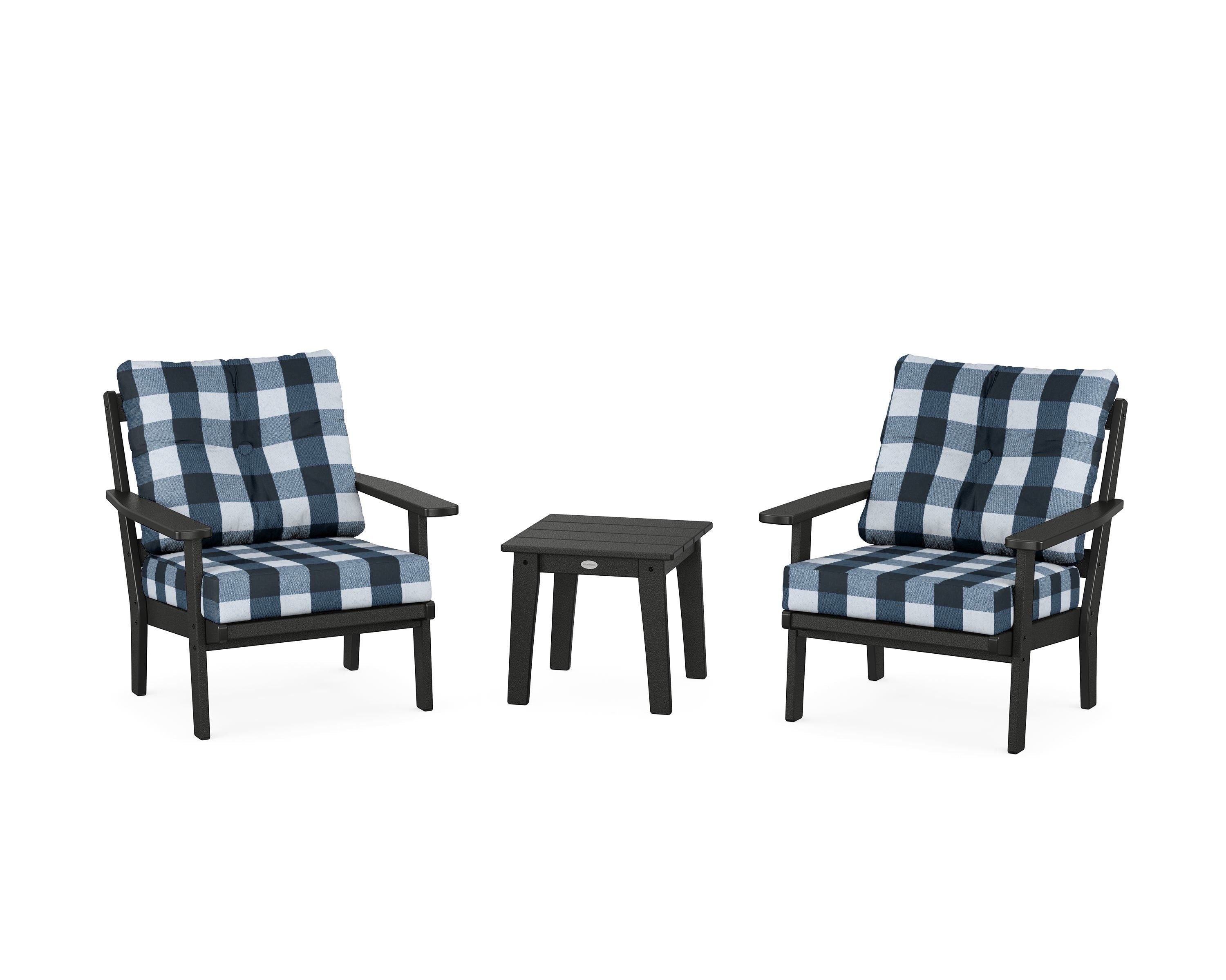 POLYWOOD® Oxford 3-Piece Deep Seating Set in Black / Buffalo Plaid Marine Indigo