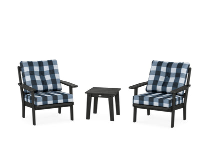 POLYWOOD® Oxford 3-Piece Deep Seating Set in Black / Buffalo Plaid Marine Indigo