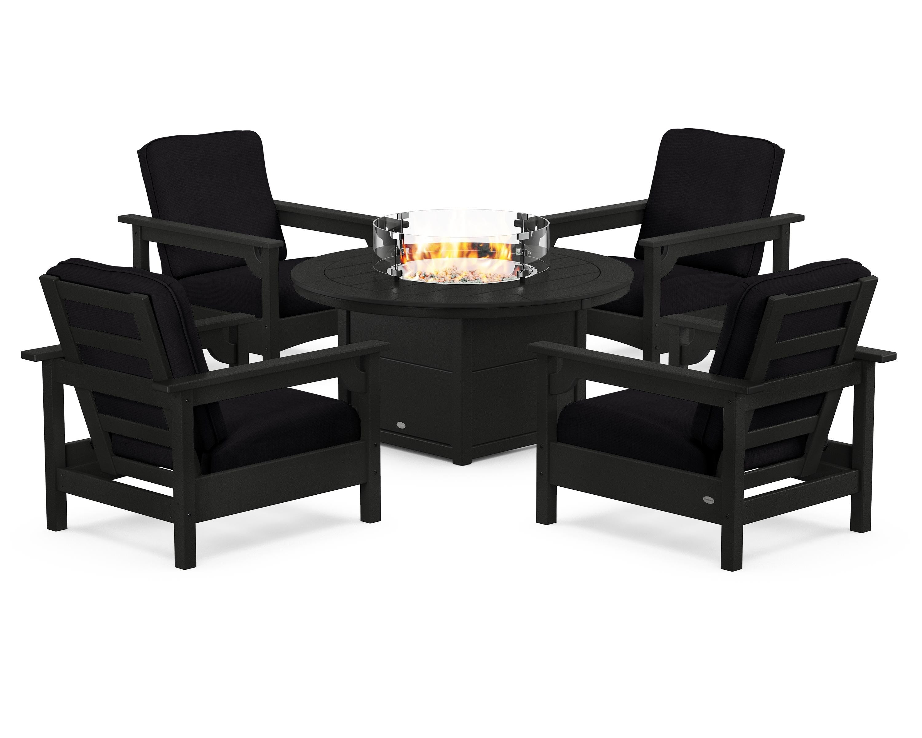 POLYWOOD® Club 5-Piece Conversation Set with Fire Pit Table in Black / Midnight Linen