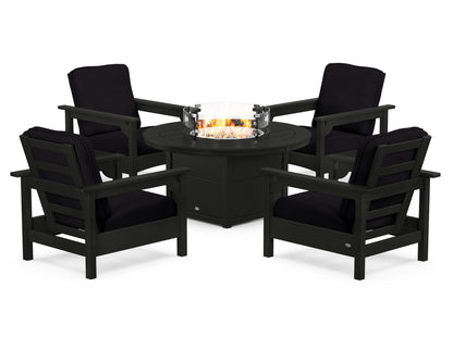 POLYWOOD® Club 5-Piece Conversation Set with Fire Pit Table in Black / Midnight Linen