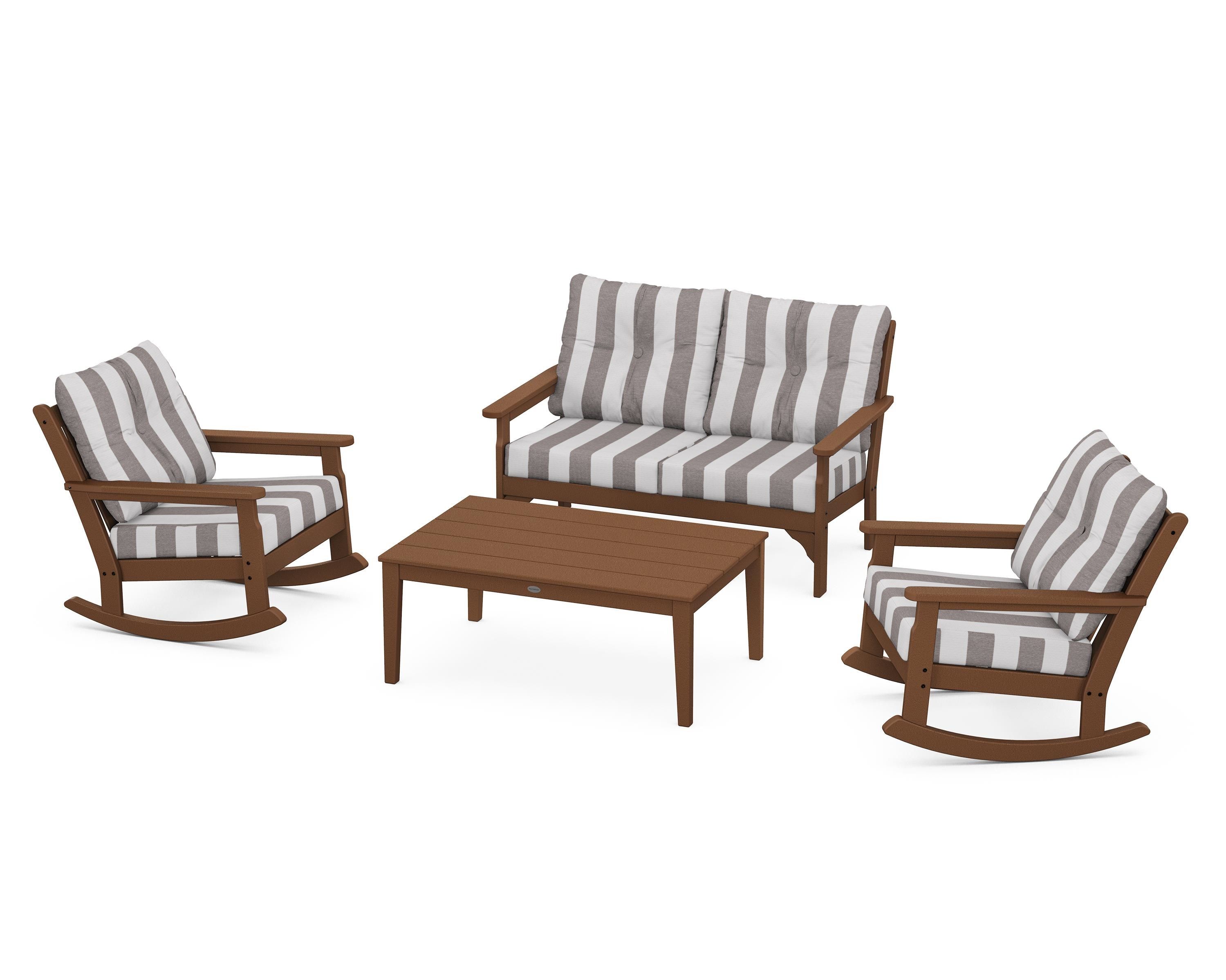 POLYWOOD® Vineyard 4-Piece Deep Seating Rocking Chair Set in Teak / Cabana Stripe Grey Mist