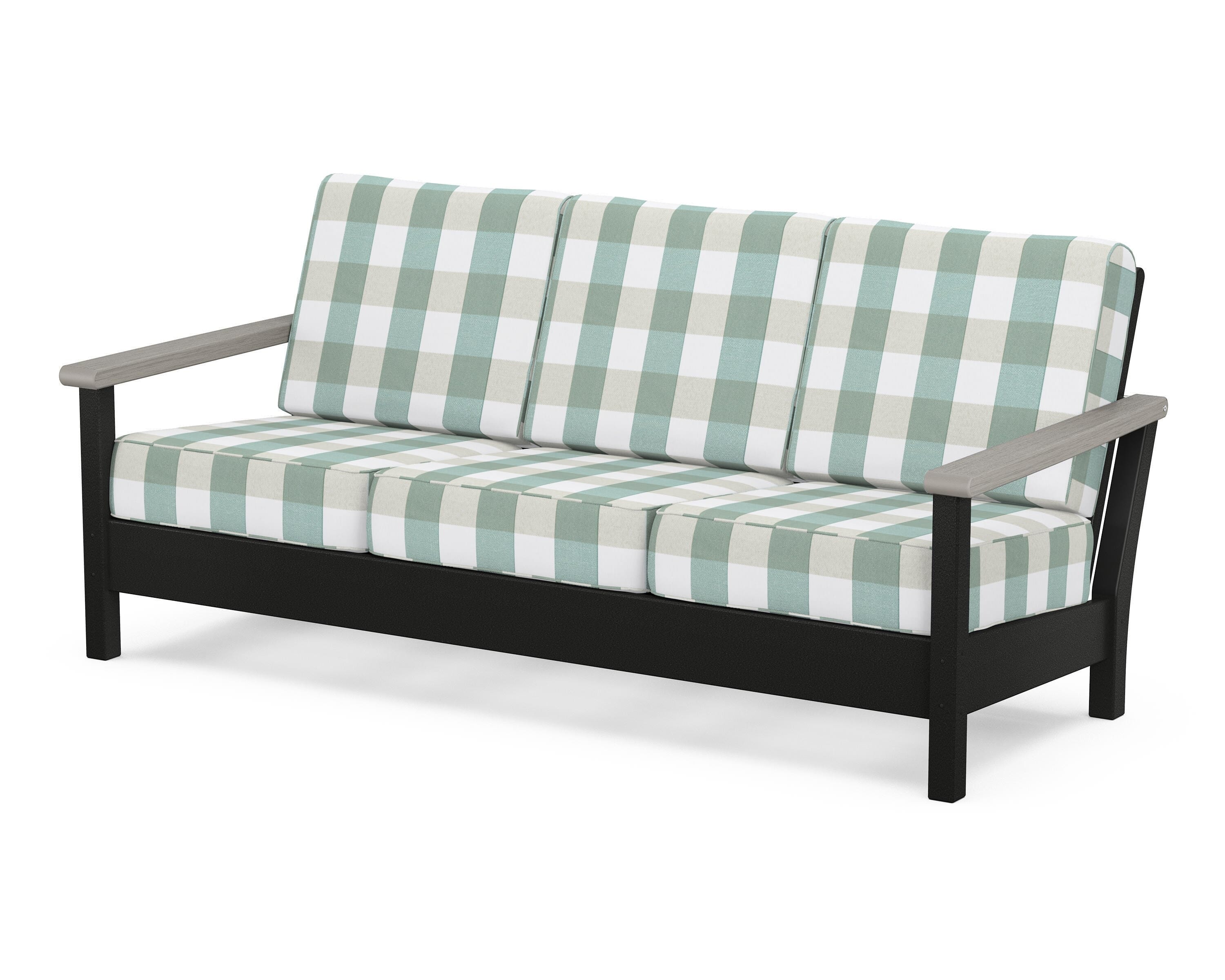 POLYWOOD® Harbour Deep Seating Sofa in Black / Driftwood / Buffalo Plaid Glacier Spa