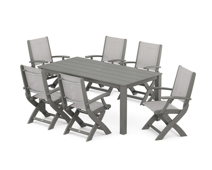 POLYWOOD® Coastal Folding Chair 7-Piece Parsons Dining Set in Teak / Black Sling