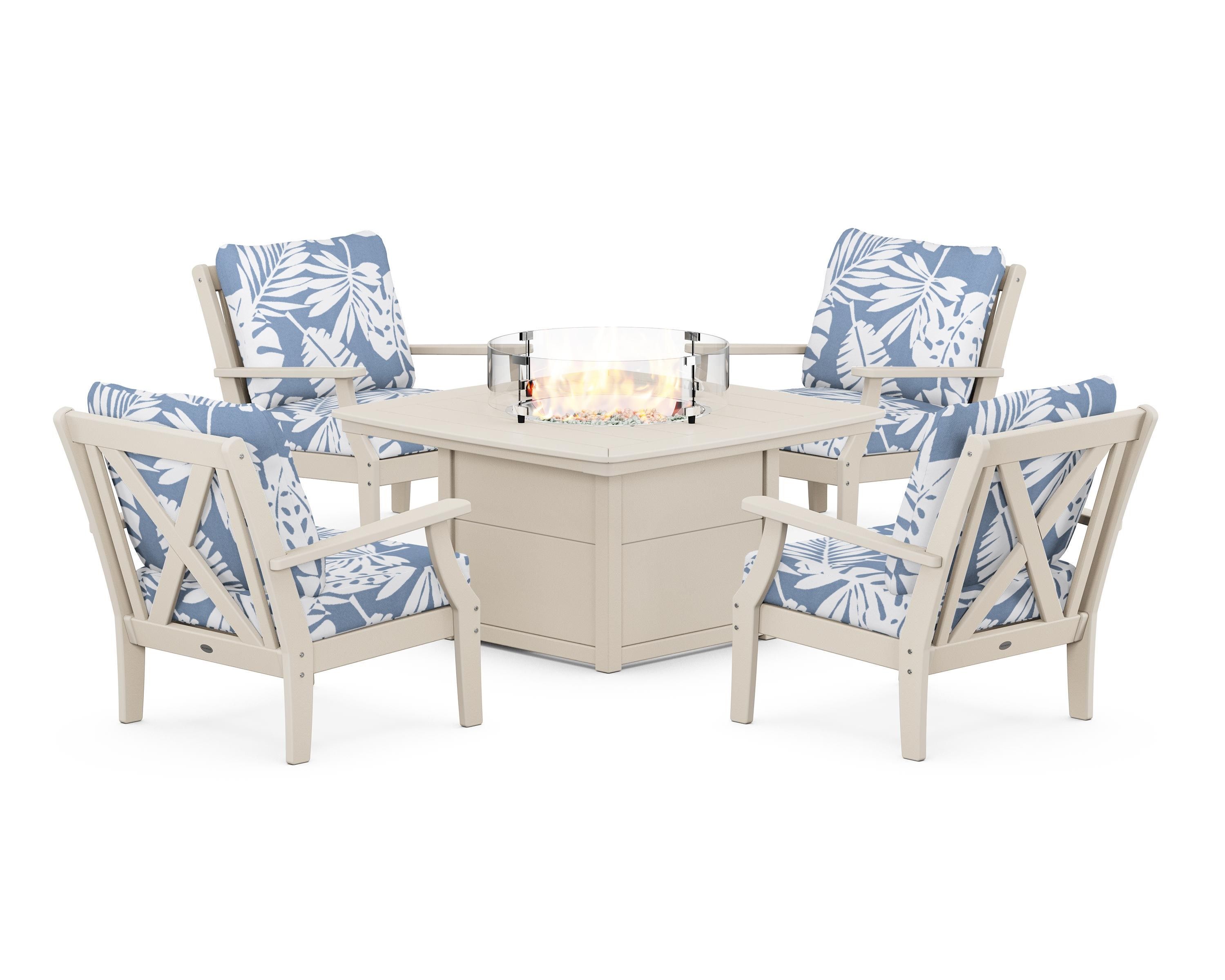 POLYWOOD® Braxton 5-Piece Deep Seating Conversation Set with Fire Pit Table in Sand / Leaf Sky Blue