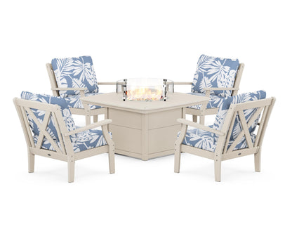 POLYWOOD® Braxton 5-Piece Deep Seating Conversation Set with Fire Pit Table in Sand / Leaf Sky Blue