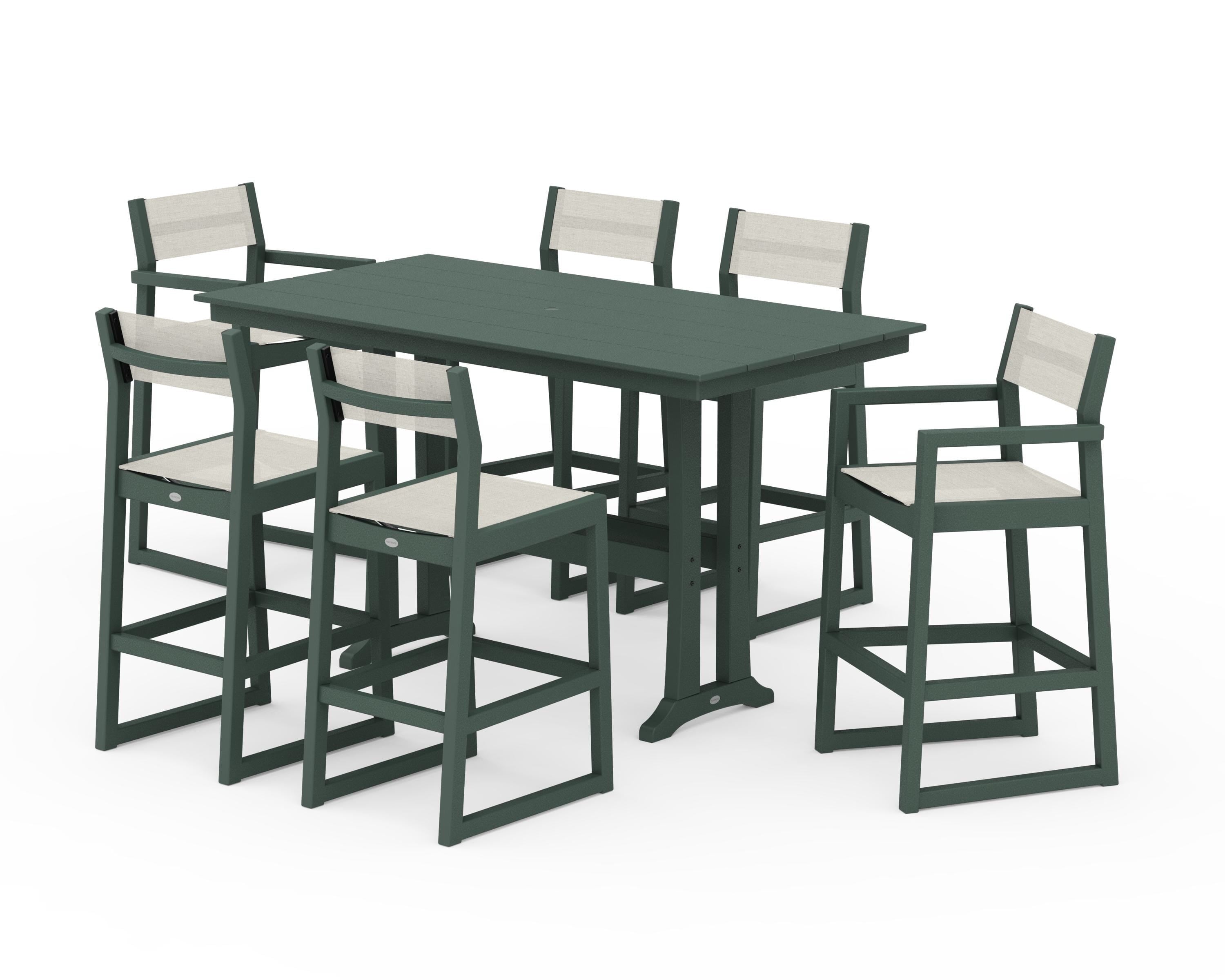 POLYWOOD® EDGE Sling 7-Piece Farmhouse Bar Set with Trestle Legs in Green / Parchment Sling