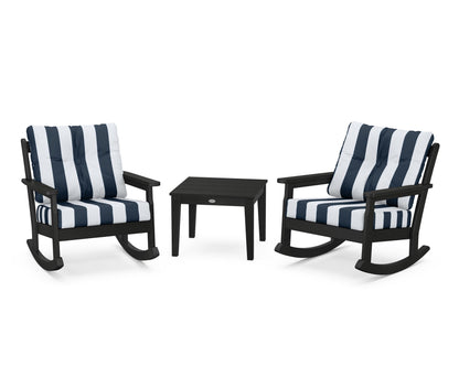 POLYWOOD® Vineyard 3-Piece Deep Seating Rocker Set in Black / Cabana Stripe Marine Indigo