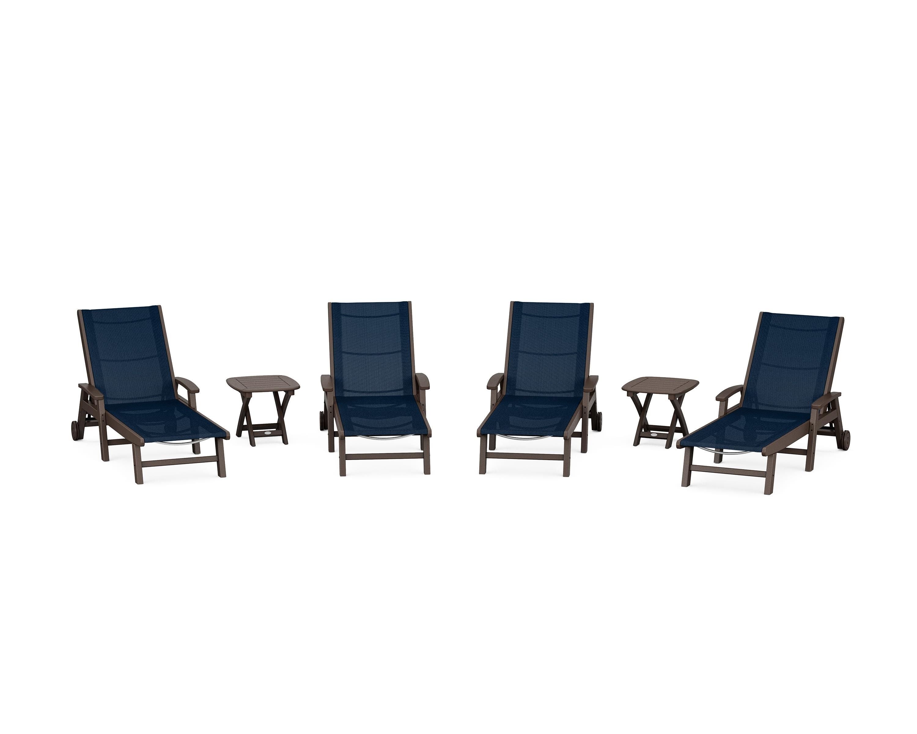 POLYWOOD® Coastal Chaise 6-Piece Set with Wheels in Mahogany / Navy Blue Sling