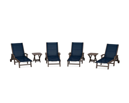 POLYWOOD® Coastal Chaise 6-Piece Set with Wheels in Mahogany / Navy Blue Sling