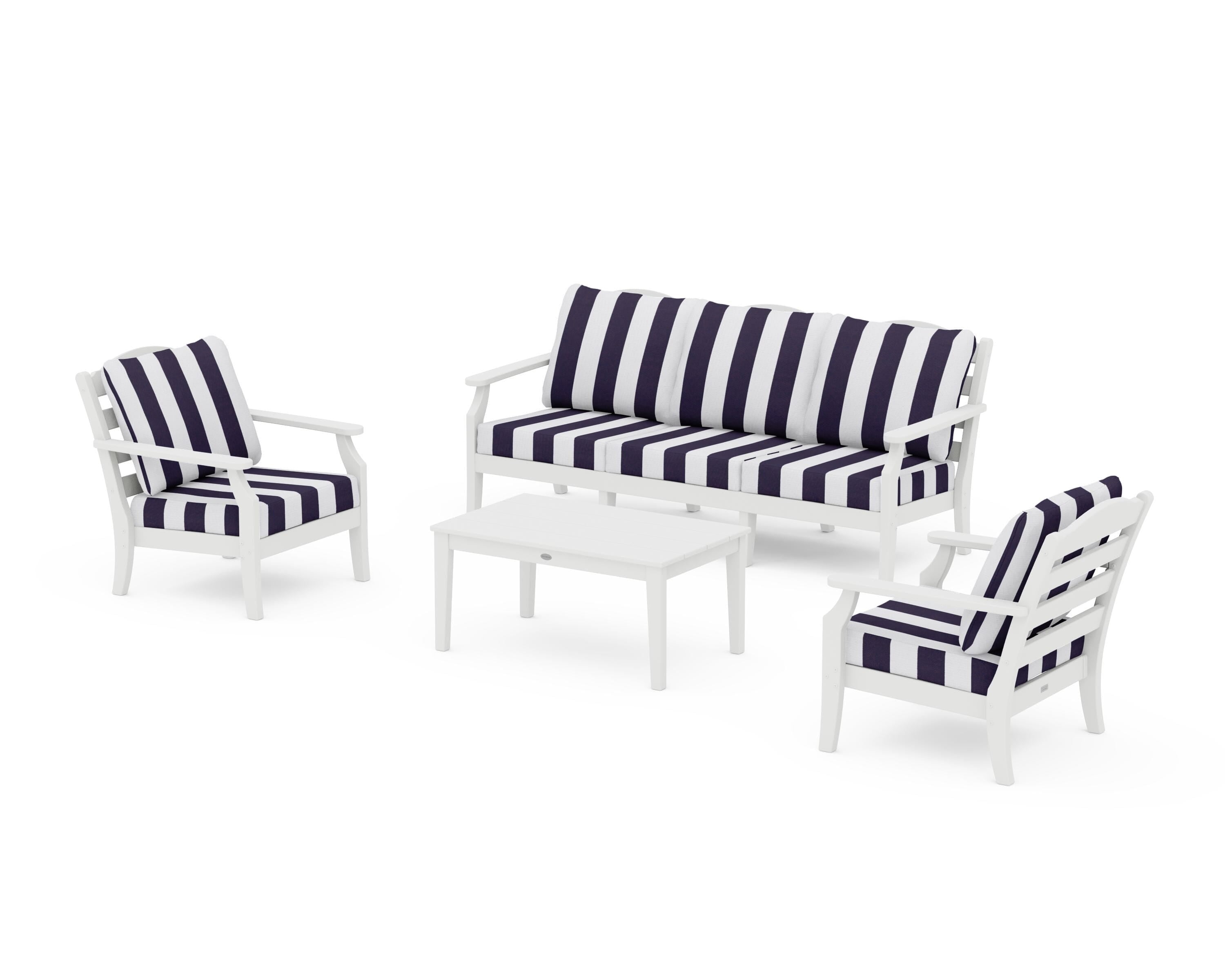 Draper James™ by  POLYWOOD® Savannah 4-Piece Deep Seating Set with Sofa in White / Cabana Stripe Navy