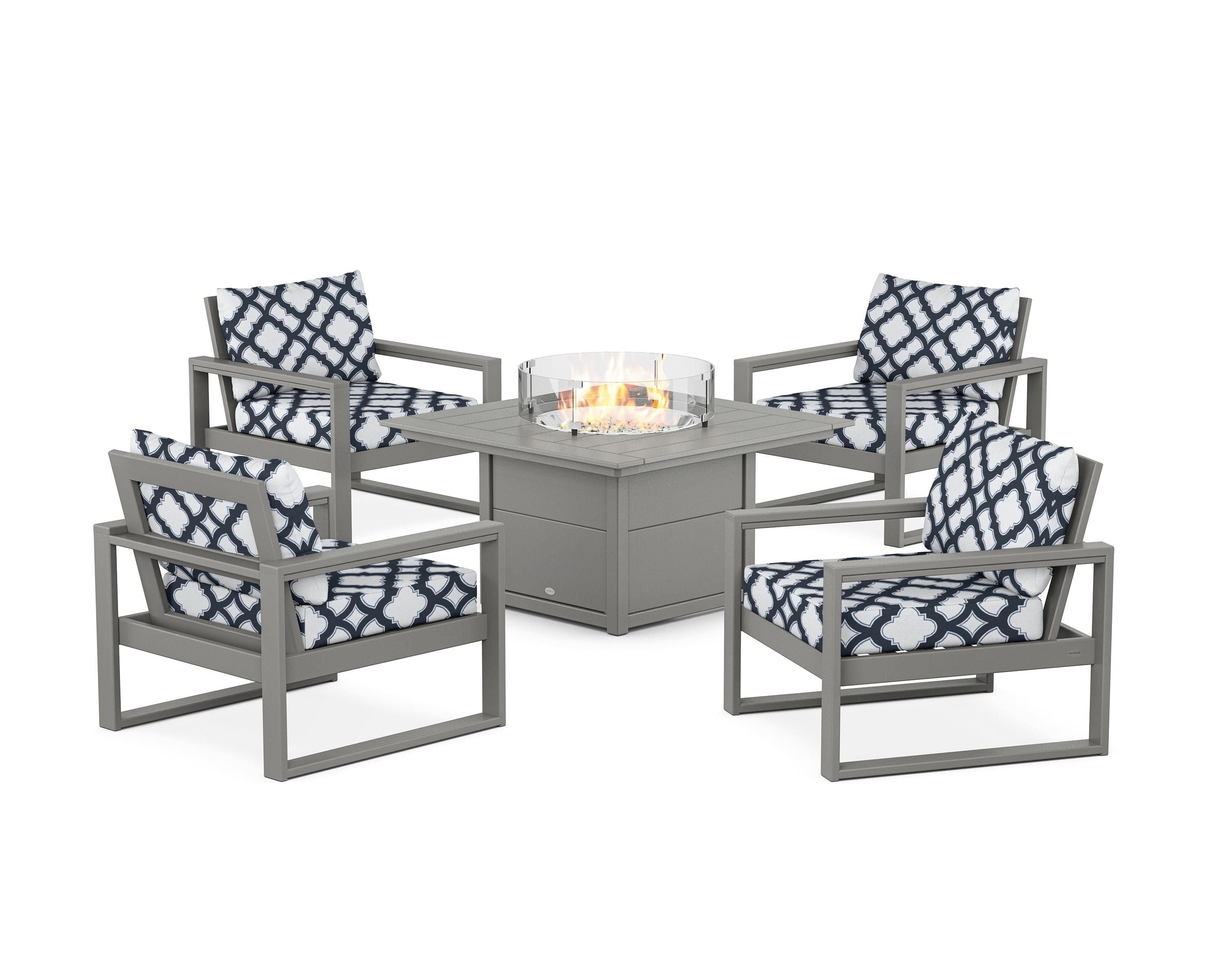POLYWOOD® EDGE Sectional 5-Piece Deep Seating Set with Fire Pit Table in Slate Grey / Trellis Marine Indigo