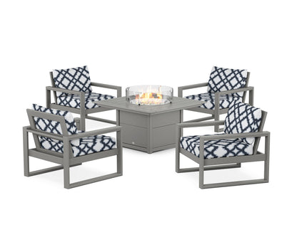 POLYWOOD® EDGE Sectional 5-Piece Deep Seating Set with Fire Pit Table in Slate Grey / Trellis Marine Indigo