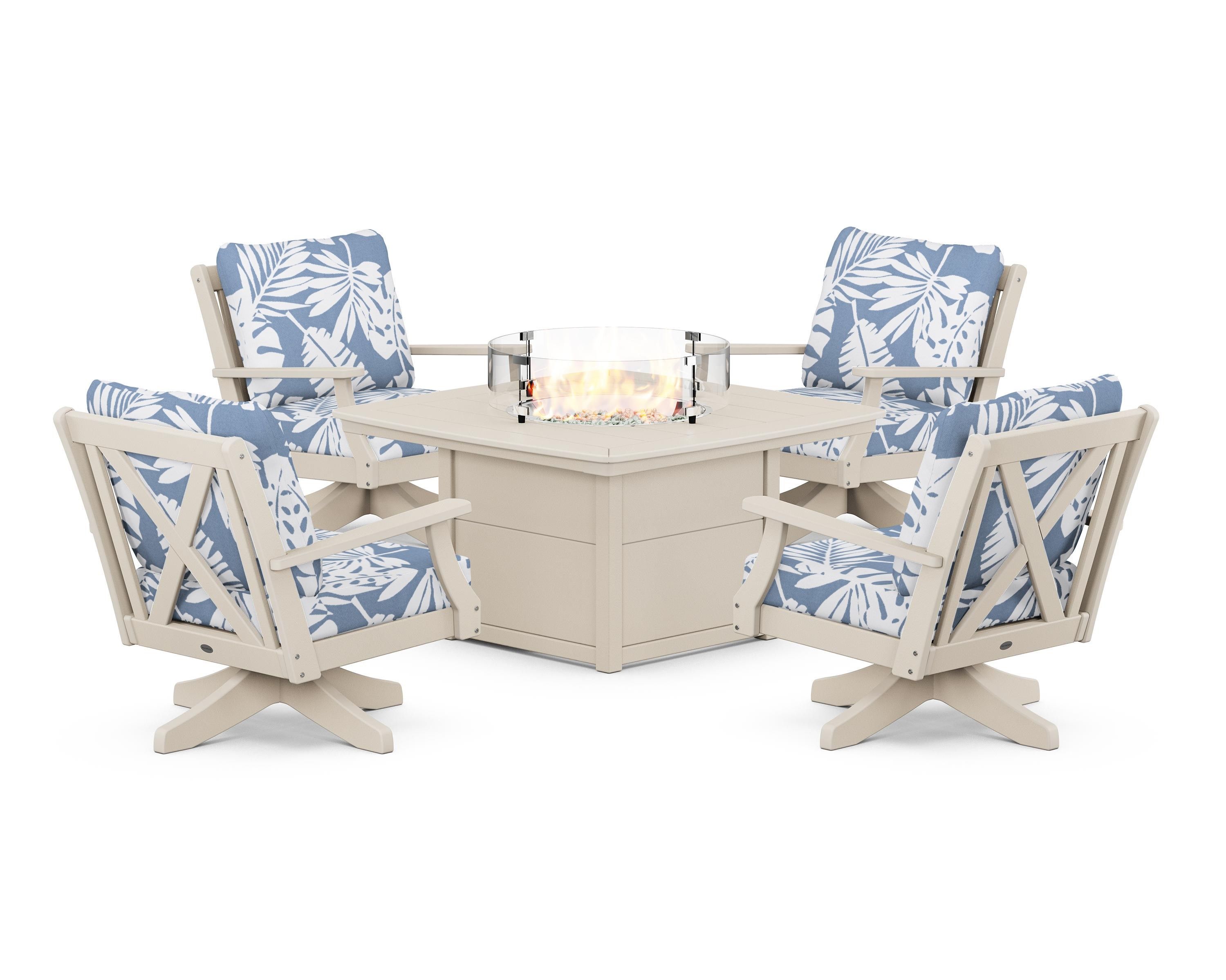 POLYWOOD® Braxton 5-Piece Deep Seating Swivel Conversation Set with Fire Pit Table in Sand / Leaf Sky Blue