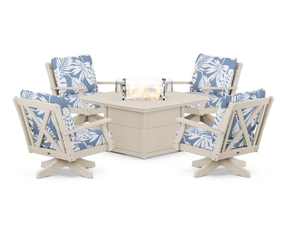 POLYWOOD® Braxton 5-Piece Deep Seating Swivel Conversation Set with Fire Pit Table in Sand / Leaf Sky Blue