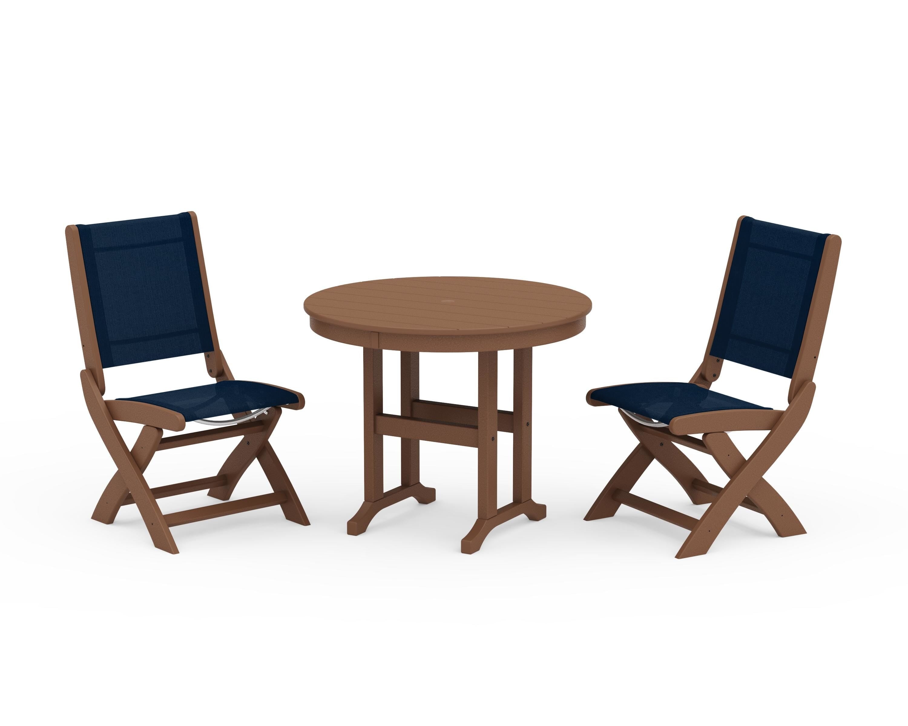 POLYWOOD® Coastal Folding Side Chair 3-Piece Round Dining Set in Teak / Navy Blue Sling