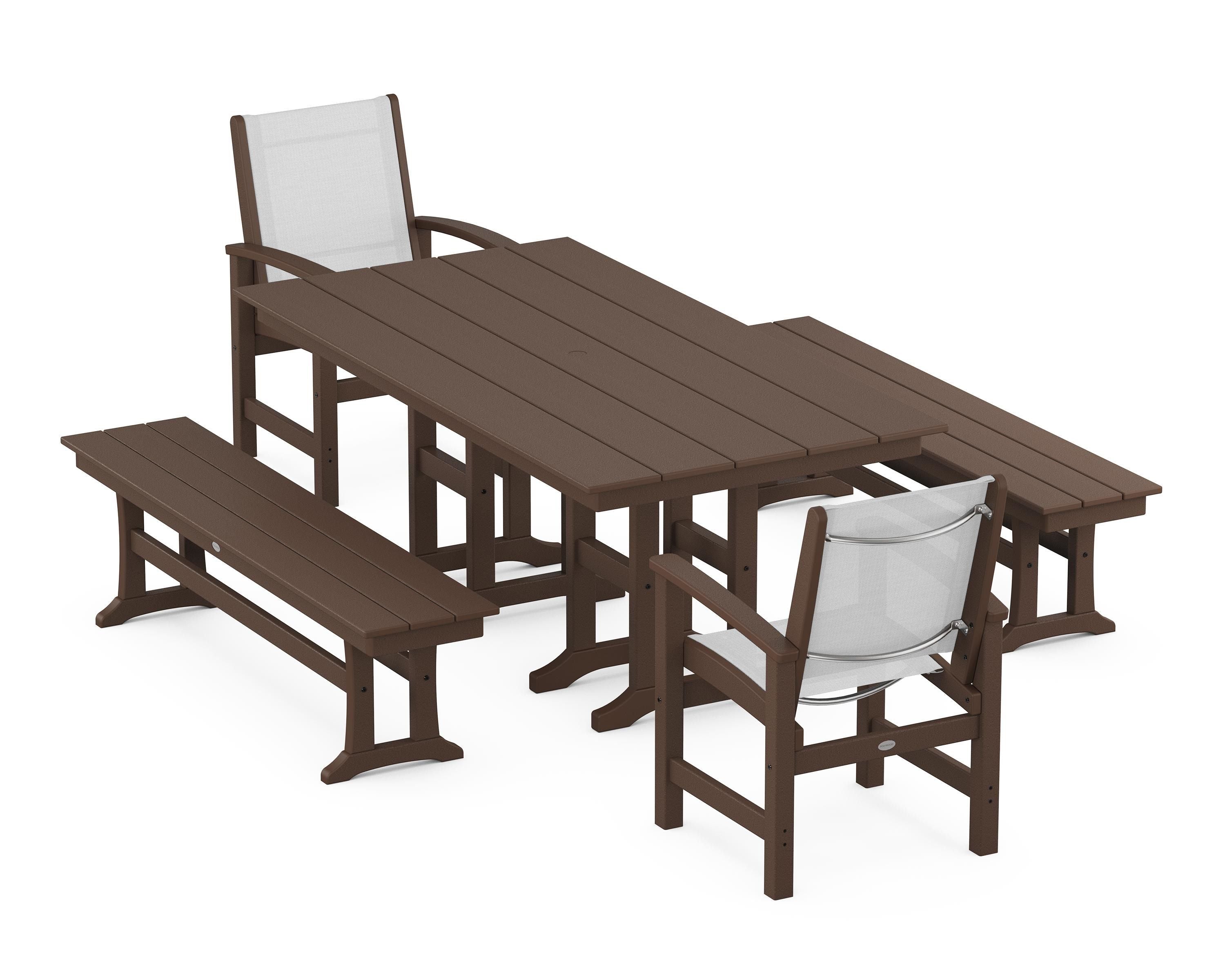 POLYWOOD® Coastal 5-Piece Farmhouse Dining Set in Mahogany / White Sling