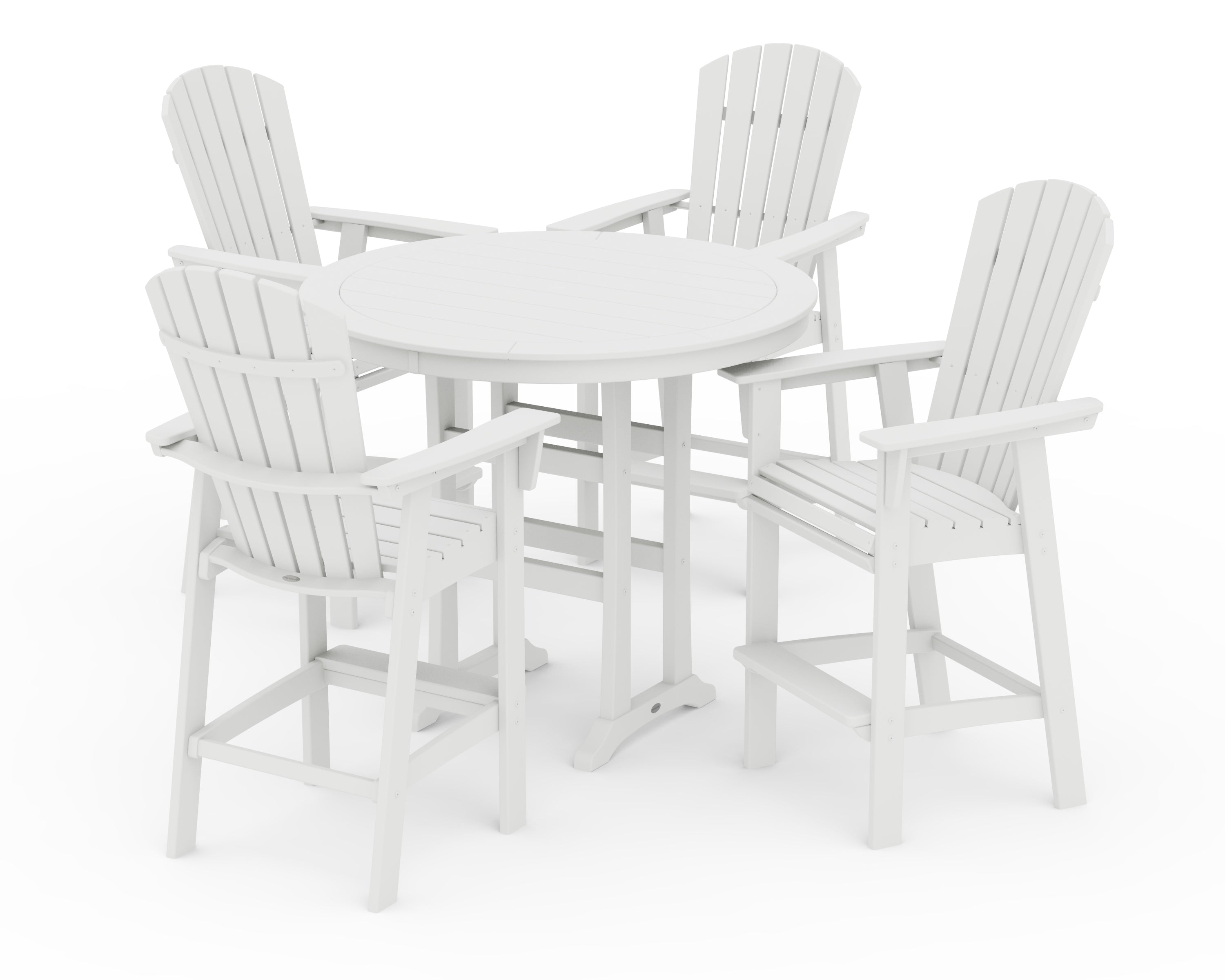POLYWOOD® Nautical Curveback Adirondack 5-Piece Round Trestle Bar Set in White