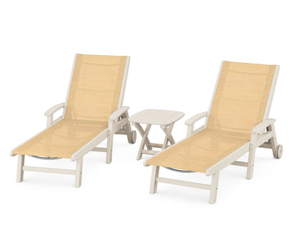 POLYWOOD® Coastal 3-Piece Wheeled Chaise Set in Sand / Dupioni Apricot Sling